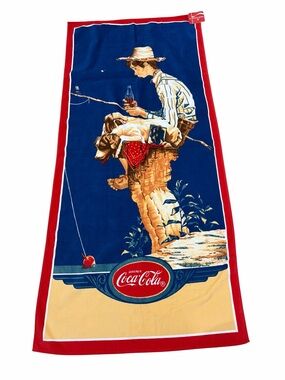 VTG NWT Coca Cola Boy Fishing With Dog Beach Towel 1989 Graphic Summer
